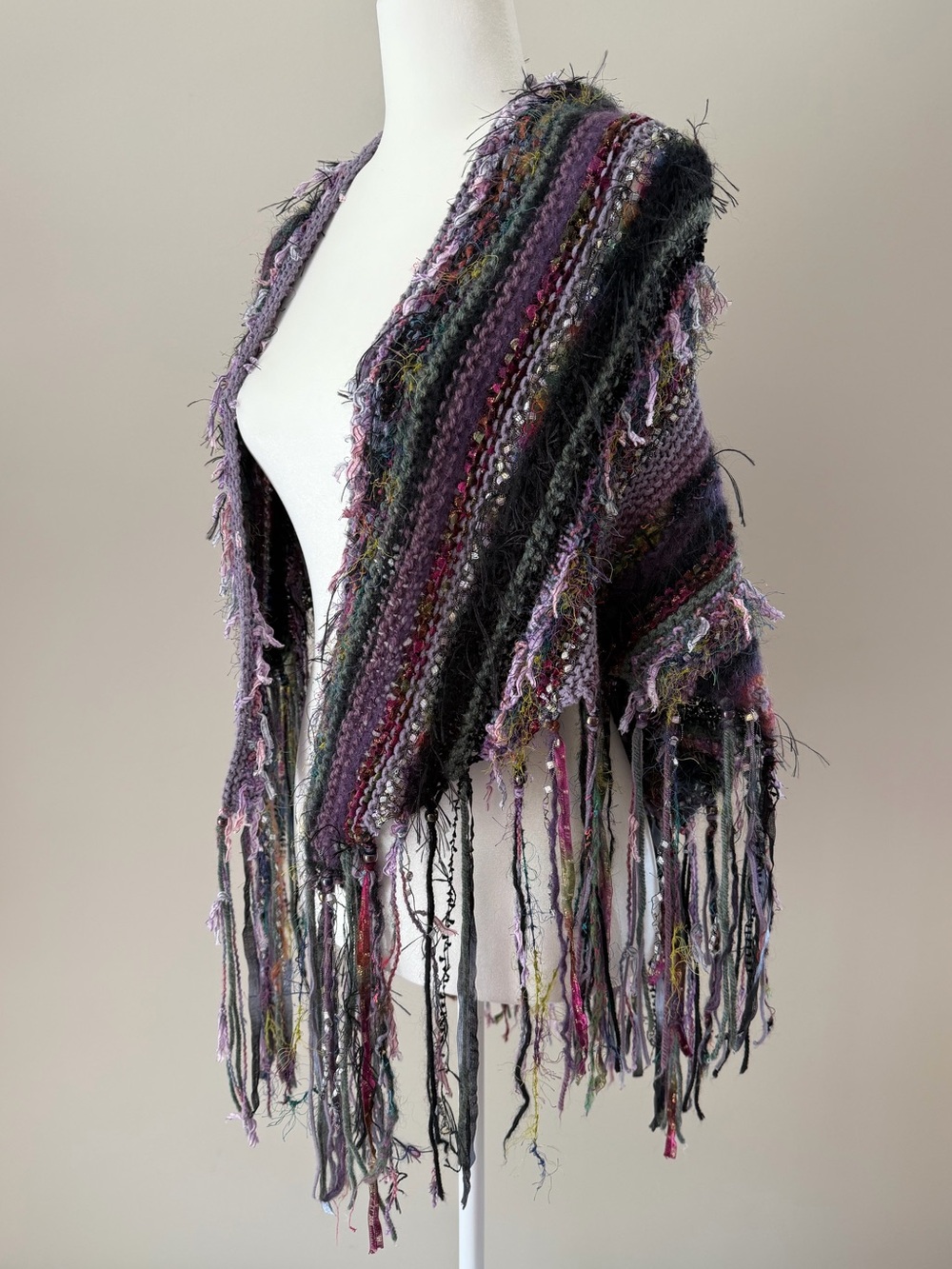 Purple Green Hand Knitted Shawl Wrap Boho Hippie Fringe Festival Retro